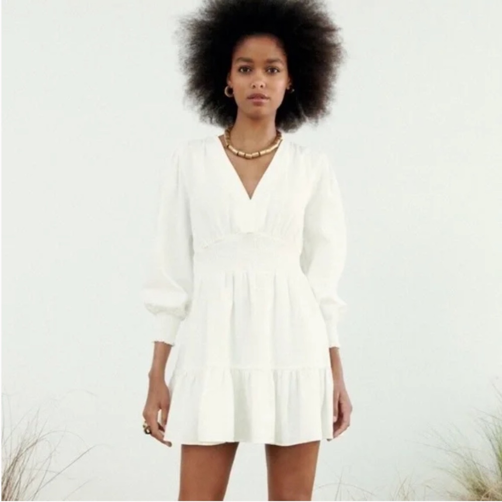 ZARA New Oyster White Bohemian Linen Blend Short Dress Size xS